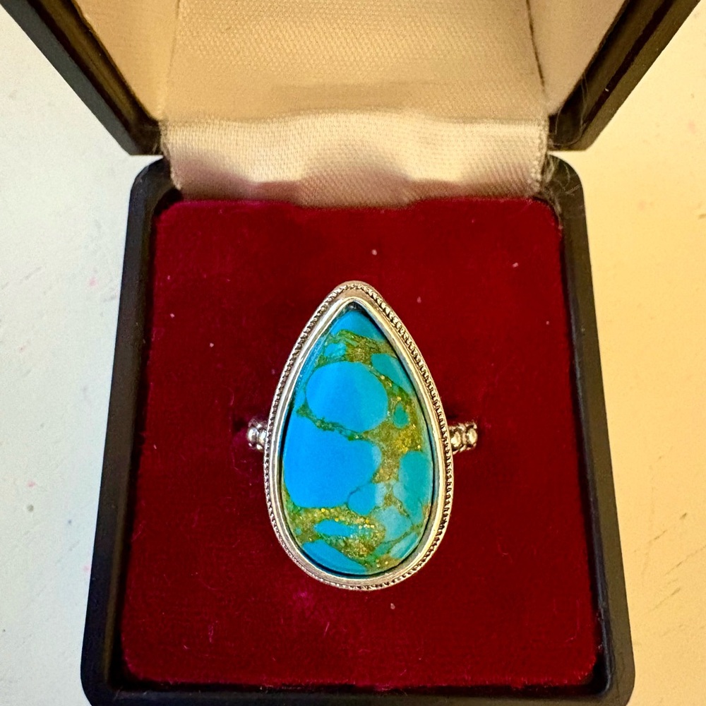 NEW Teardrop 925 Sterling Silver Copper Turquoise Ring - Size 6